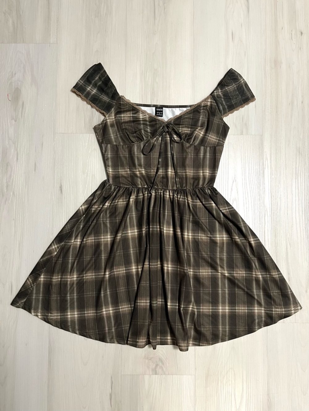 NWOT Green Plaid Lace Trim A-Line Mini Dress